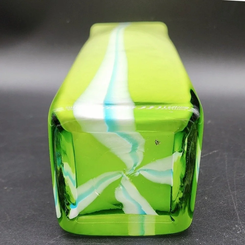 Pier 1  Green White Striped Art Glass Vase Square Cased Glass MCM Retro Decor